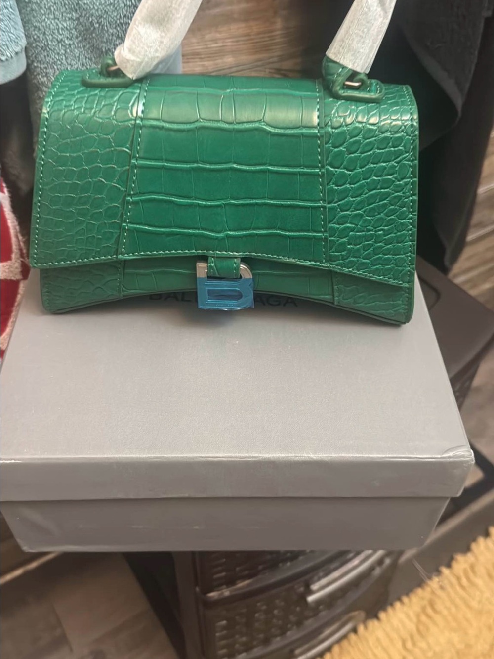 Mini Top Handle Bag in Emerald Green Croc-Embossed Leather